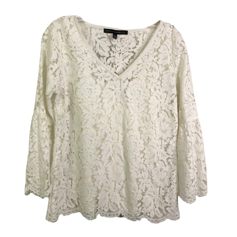 White House Black Market Women's Blouse White Floral Lace Long Sleeve Cotton XS